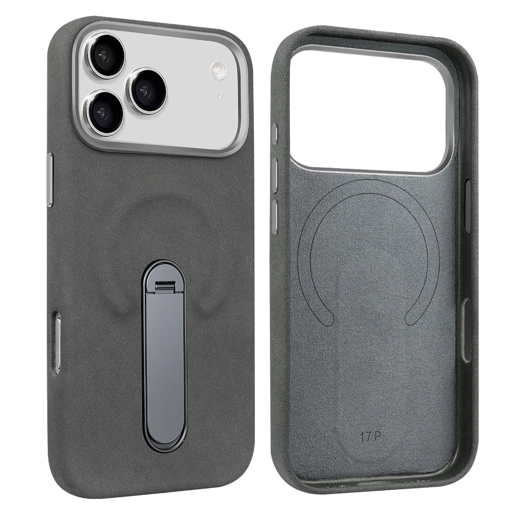 For iPhone 17 Pro Protective Case With Metal Rotatable Kickstand Suede Artificial Leather Phone Case For iPhone 17 16 15 Pro Max