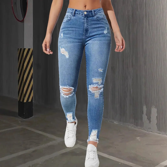 Fashion Skinny Hole Jeans Women 2025 Autumn Stretchy High Waisted Ripped Slim Retro Solid Color Denim Trousers Pants
