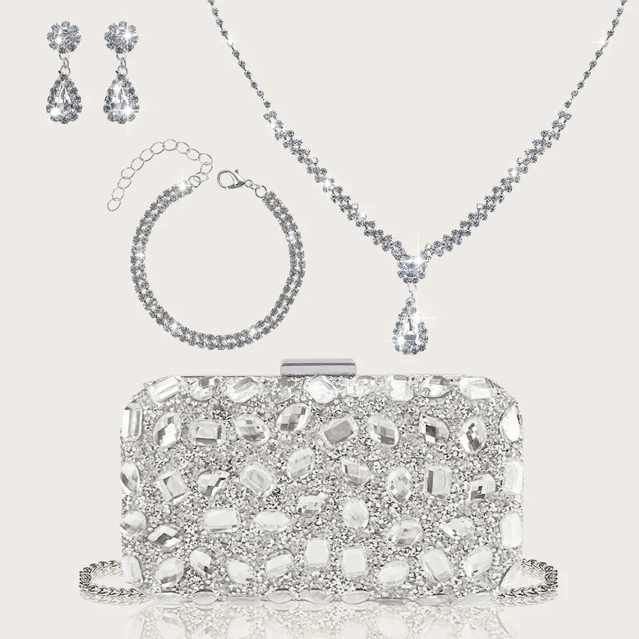 Fashionable and Luxurious, Simple Rhinestone Party Clutch and Box Bag, Exquisite and Elegant Women's Evening Bag, Paired with a Gorgeous Rhinestone Pendant Necklace, Bracelet, and Earrings Four-Piece Set, Perfect Wallet for P