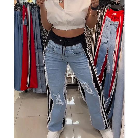 High Waist Ripped Jeans Women Colorblock Contrast Distressed Patchwork Pants Streetwear Wide Leg Long Stretch Denim Jeans