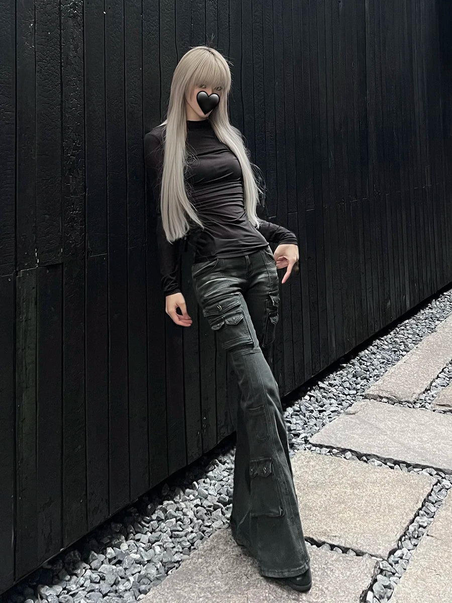 Acubi Fashion Black Flare Jeans Retro Whiskers Skinny Stretch Low Rise Pockets Cargo Pants Women Grunge Alt Streetwear