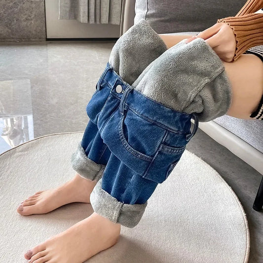 Winter Warm Slim Jeans Ladies Casual Denim Pencil Pants Thick Velvet Women Jeans High Waist Skinny Straight Jeans Fleece