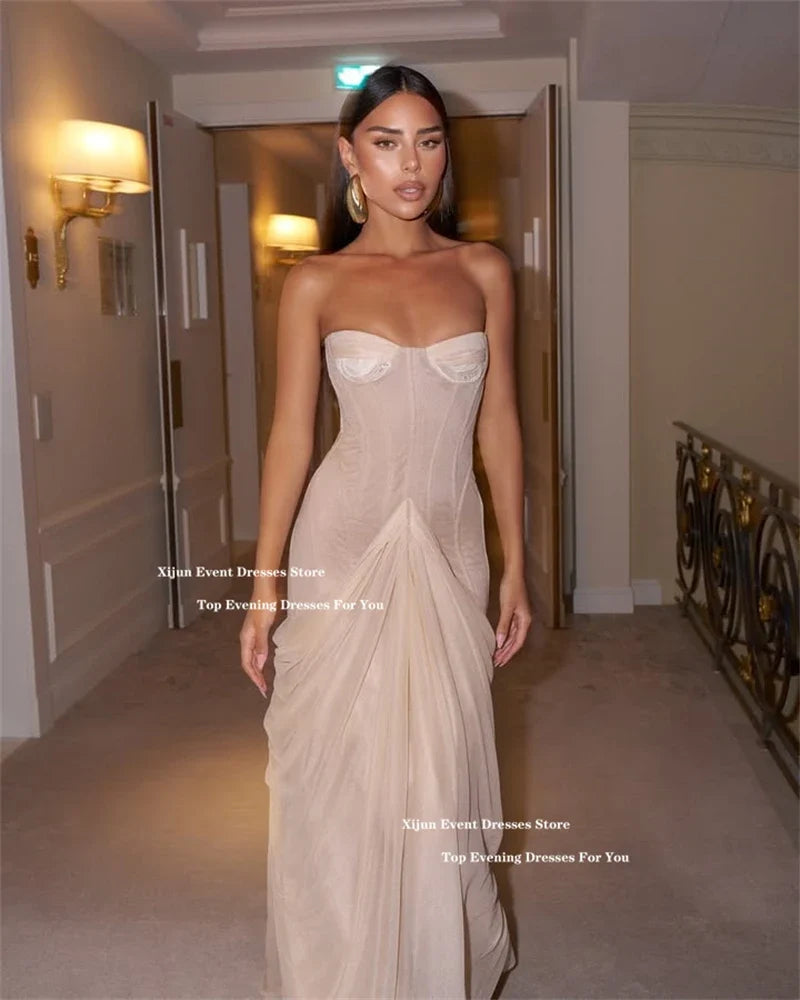 Blush Pink Chiffon Long Evening Dresses Sweetheart Mermaid Formal Prom Dresses Sleeveless Saudi Arabric Prom Gowns Customi