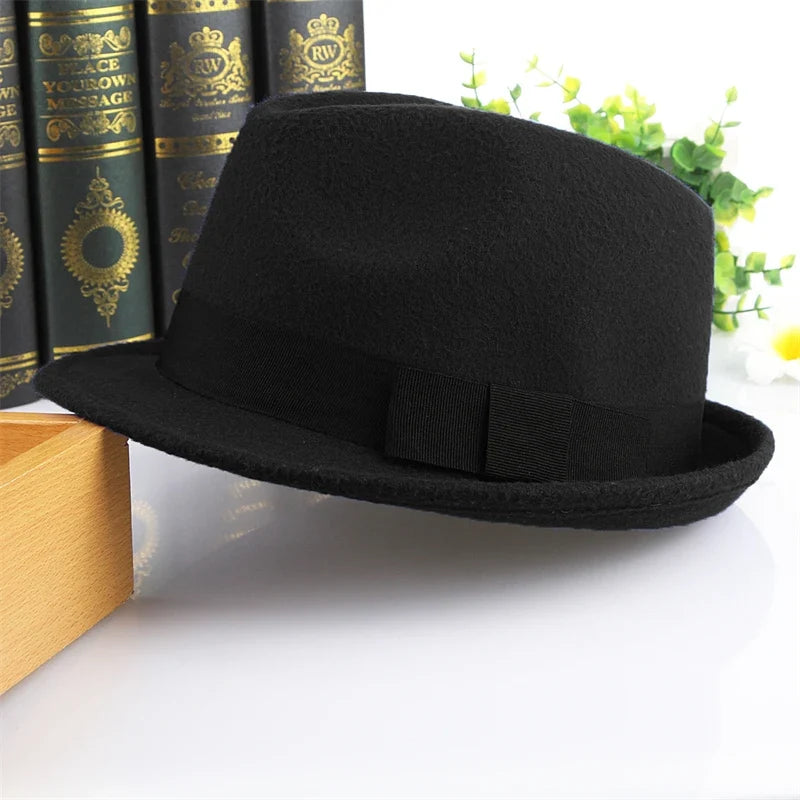 Unisex Roll Up Short Brim Felt Fedora Hats with Black Ribbon Women Men Trilby Jazz Hat
