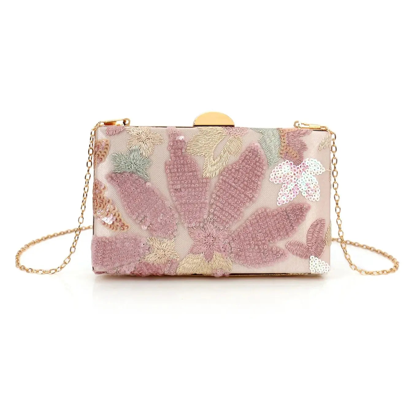 Random Pattern Women's Floral Pattern Clutch Bag, Fashion Retro Sequin Embroidery Floral Chain Evening Bag, Mini Box Bag For Par