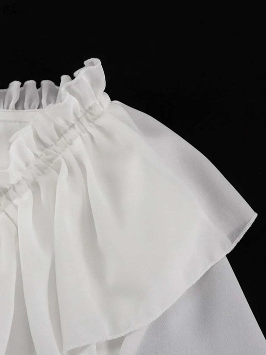 Elegant White Ruffled Dresses 2025 Woman Fashion V-Neck Lace-Up Long Sleeve Dresses Casual High Waist Floor-Length Dress