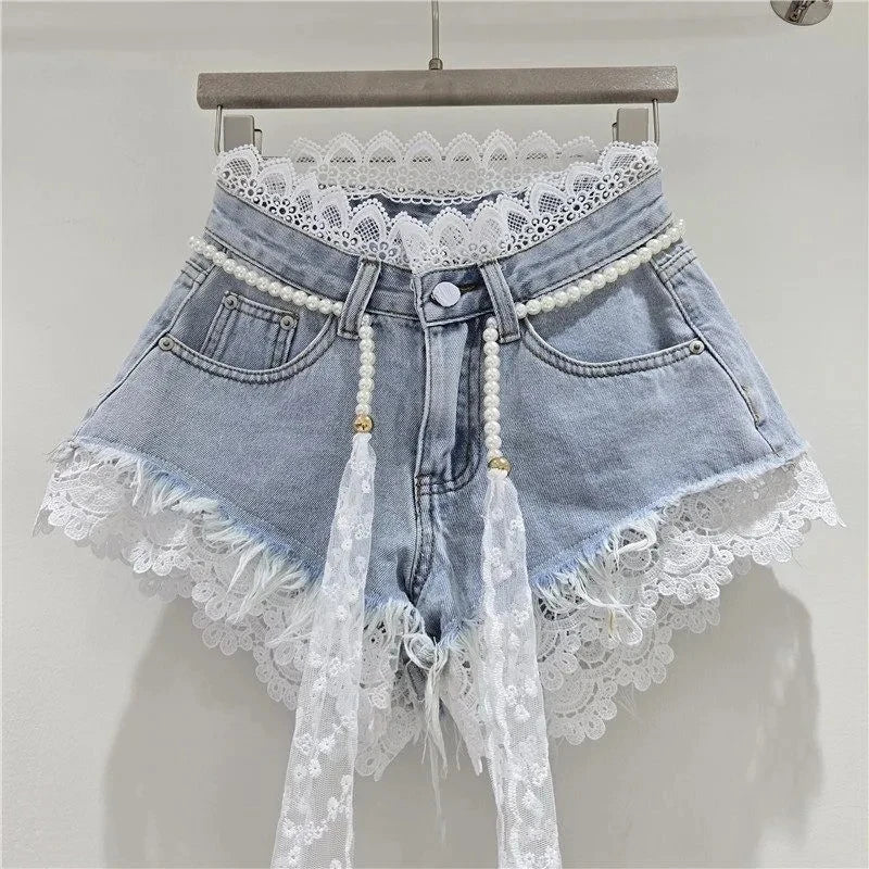2026 Summer Denim Shorts New Splicing Hook Flower Lace Lace with Waist Rope Tassel Denim Shorts Women's Hot Pants Trend