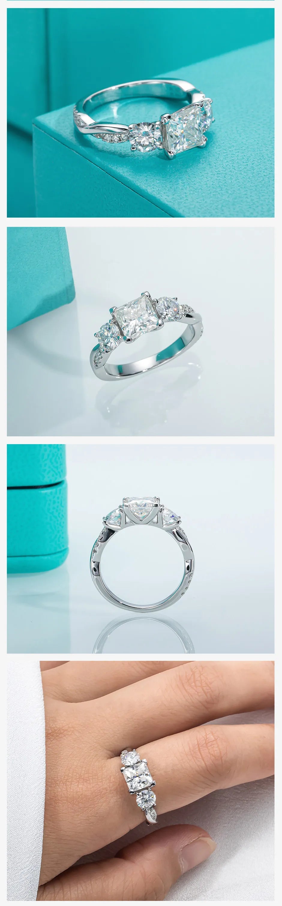 1.5ct Princess Cut D Color Moissanite Three Stone Engagement Ring 925 Silver Rings For Women Jewelry Wholesale
