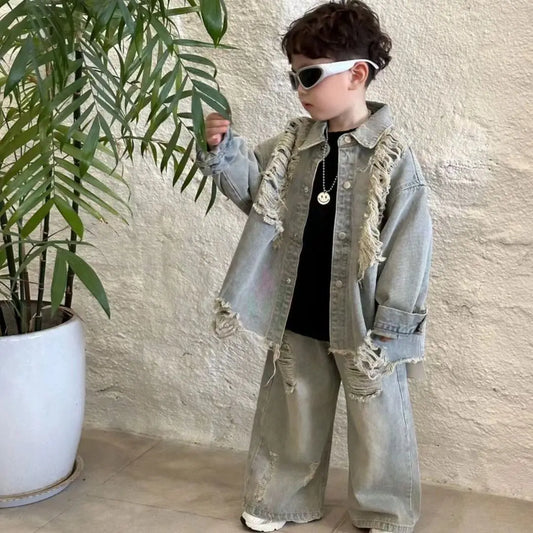 2-10Y Boys Spring Autumn Gray Retro Hole 2026 Denim Coat Pant Suit girl American Style New Loose Slimming High Waist Floor Pants