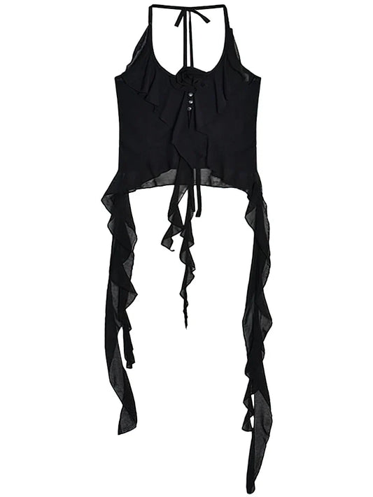 Sexy Y2k Vintage Thin Strape Ruffle Halter Crop Top Women Backless Basic Sleeveless T shirt Off shoulder Club Party Lady Tees