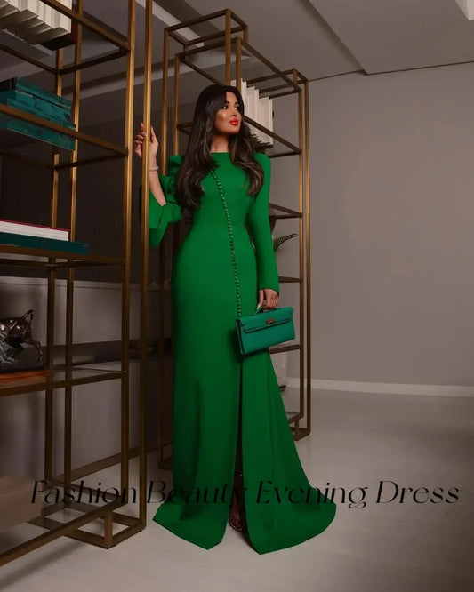 Fashion Beauty Elegant Mermaid Evening Dress Long Sleeves High Slit Button Party Gowns Formal Occassion Dress 2024 Saudi Arabia