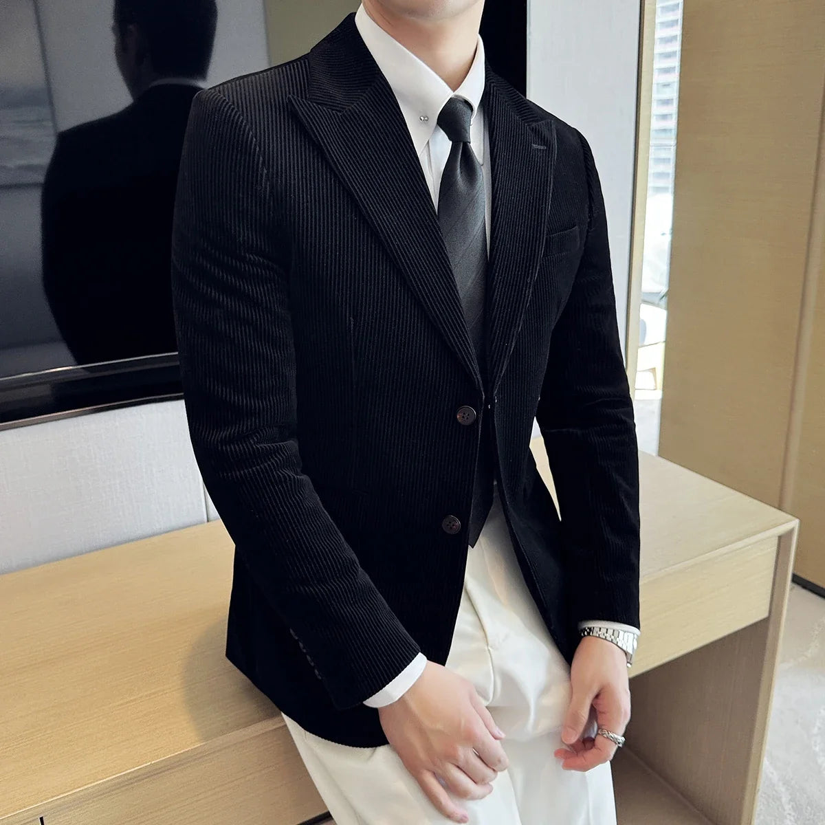 Stripe Suit Jacket For Men Autumn Winter Business Slim Fit Tailcoat Formal Wedding Party Fashion Casual Suit Coat 4XL-M