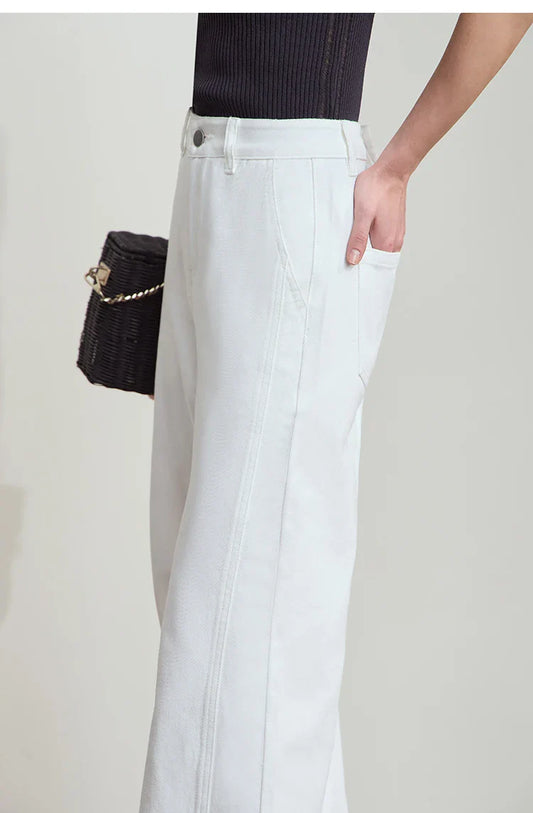 Women's Jeans Minimalist 2025 Summer New Style Solid Color Commuting Black Beige Wide Leg Cotton Denim Long Pants 12552012