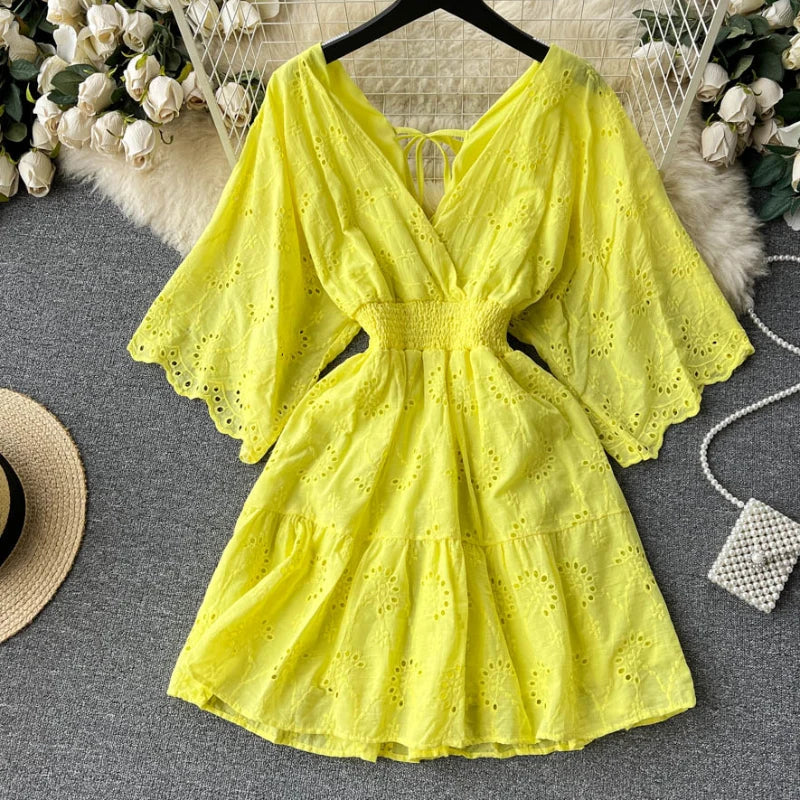 White/Purple/Blue V Neck Summer New Lace Embroidery Dress Women Short Sleeves Dresses Female Vintage Party Beach Midi Dresses
