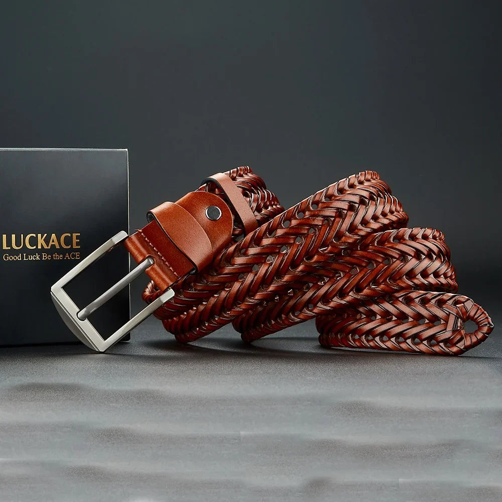 Genuine Leather Cowhide Casual Men's Belt, Trendy Knitted Belt With Alloy Buckle, Gift For Boyfriend/Husband/Father