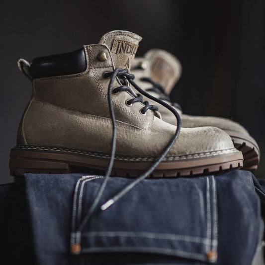 Maden Men's Retro Full Grain Pigskin High Top Work Boots Casual Lace-Up Desert Boots Genuine Leather Ankle Boots for Fall Winter
