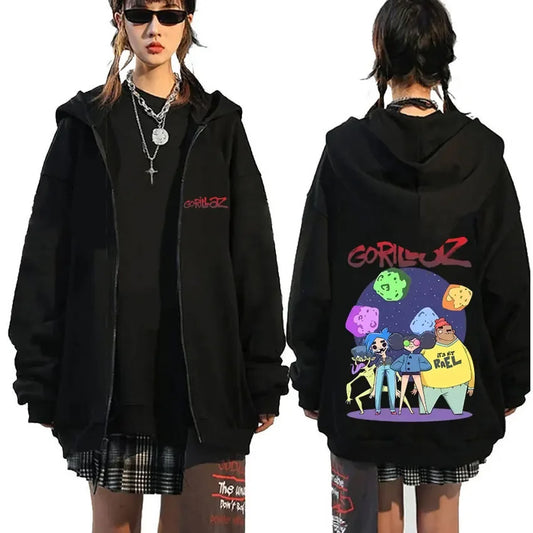 Rock Band Gorillaz Demon Days Eyes Graphic Zipper Hoodie Men Hip Hop Fashion Oversized Zip Up Jacket Unisex Zip Up Sweatshirt