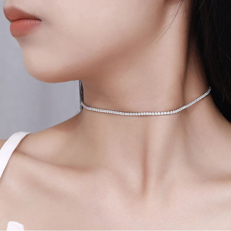 Adjustable Full 2mm 0.03CT D Color Moissanite Tennis Necklace for Women 925 Silver Plated 18K Gold Choker Neck Chain Gift