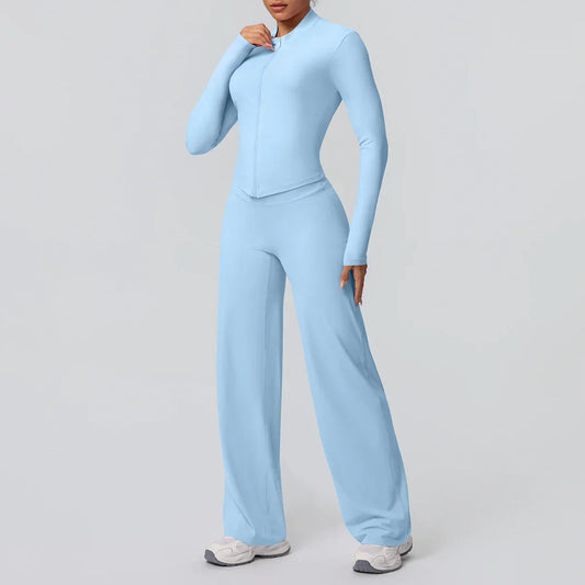 2pieces Quick Drying Sports Fitness Clothing Yoga Set Women Yoga Zipper Long Dleeves High Waisted Breathable Wide Leg Pants Set