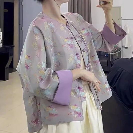 Print Top 2024 New Chinese Style Women's Purple Youth Edition Short Stand Collar Button Coat Women's Spring Autumn Style Elegant