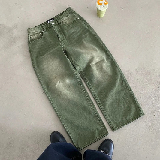 Y2K Retro Matcha Denim Jeans Washed Billiard Embroidered Denim Pants London Fashion New York Style Streetwear Unisex Baggy Jeans