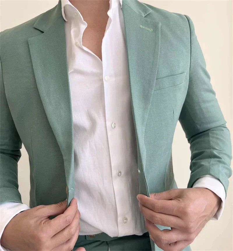 Sage Linen Men Suits for Wedding Summer Party 3 Pieces Notched Lapel Casual Style Groom Tuxedo Custom Made Slim fit Suit