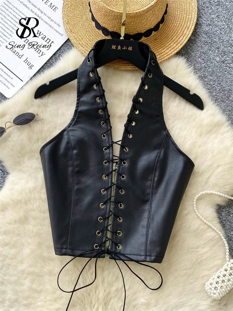 PU Leather Sexy Club Camisole Fashion Hollow Out Lace Up Slim Tank Top Sleeveless Backless Ins Spicy Girl Halter Top