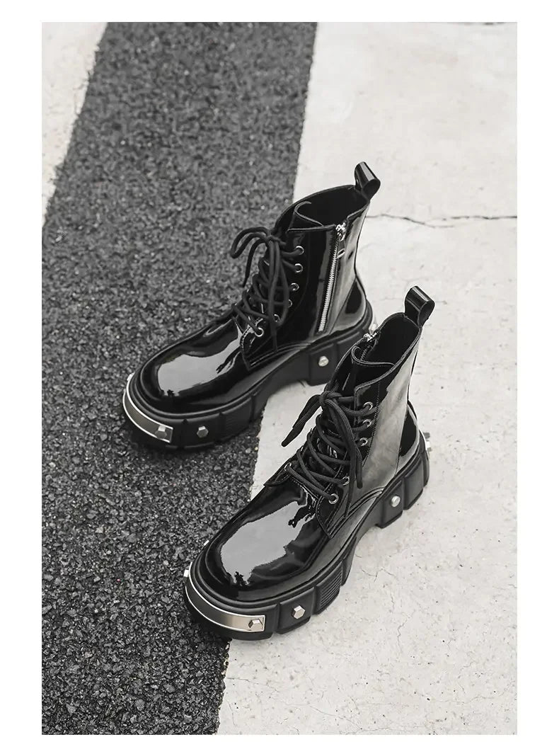 New Men Goth Platform Boots Fashion Rivet Lace Up Punk Wedges Chunky Heels Men Boots Party Street Patent Leather Men Shoes