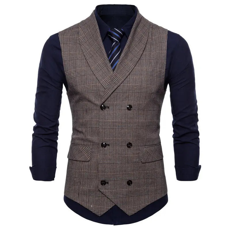 New Men's Checkered Vest, Male Casual Business Suit Vest, Plus Size British-Style Four Seasons Double Breasted Slim Fit Vest