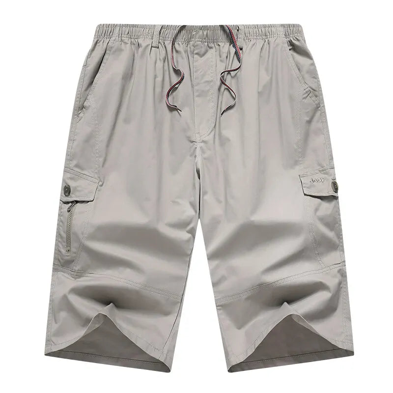 Men's Cargo Shorts 3/4 Below Knee Cotton Drawstring Running Shorts Outdoor Relaxed Fit Casual Sport Hiking Fishing Jogger Shorts