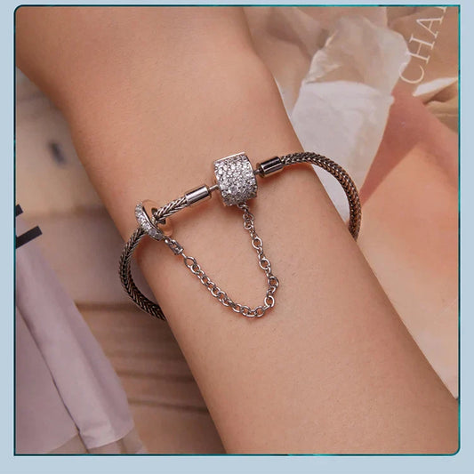 Bracelet à Breloques Basique en Argent Sterling 925 Authentique avec Chaîne de Sécurité, Perles et Pendentifs DIY pour Femmes BSB103