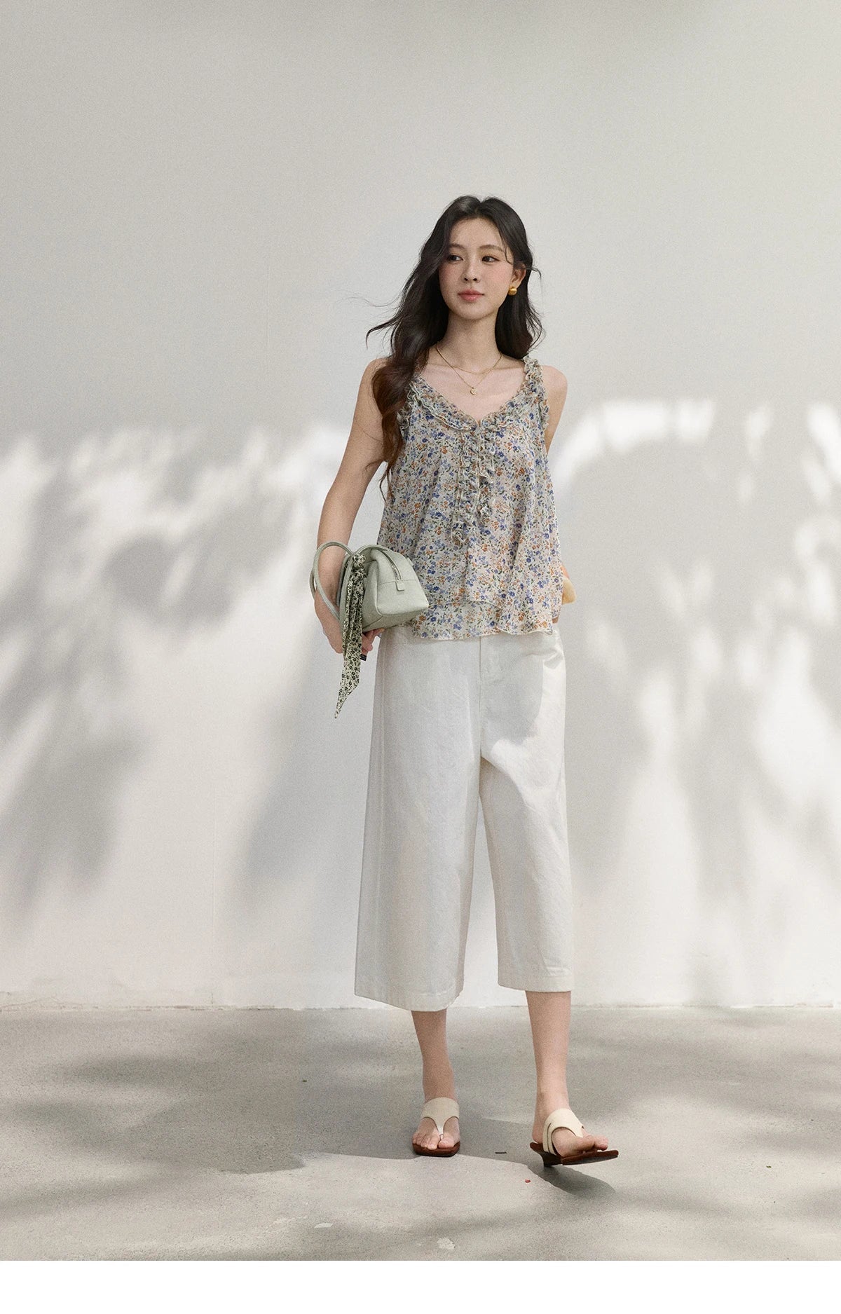Fashion Floral Ruffles Camis For Women 2026 Summer New Loose A-Line Slimming Design Double Hem Vacation Top MXF26X2666