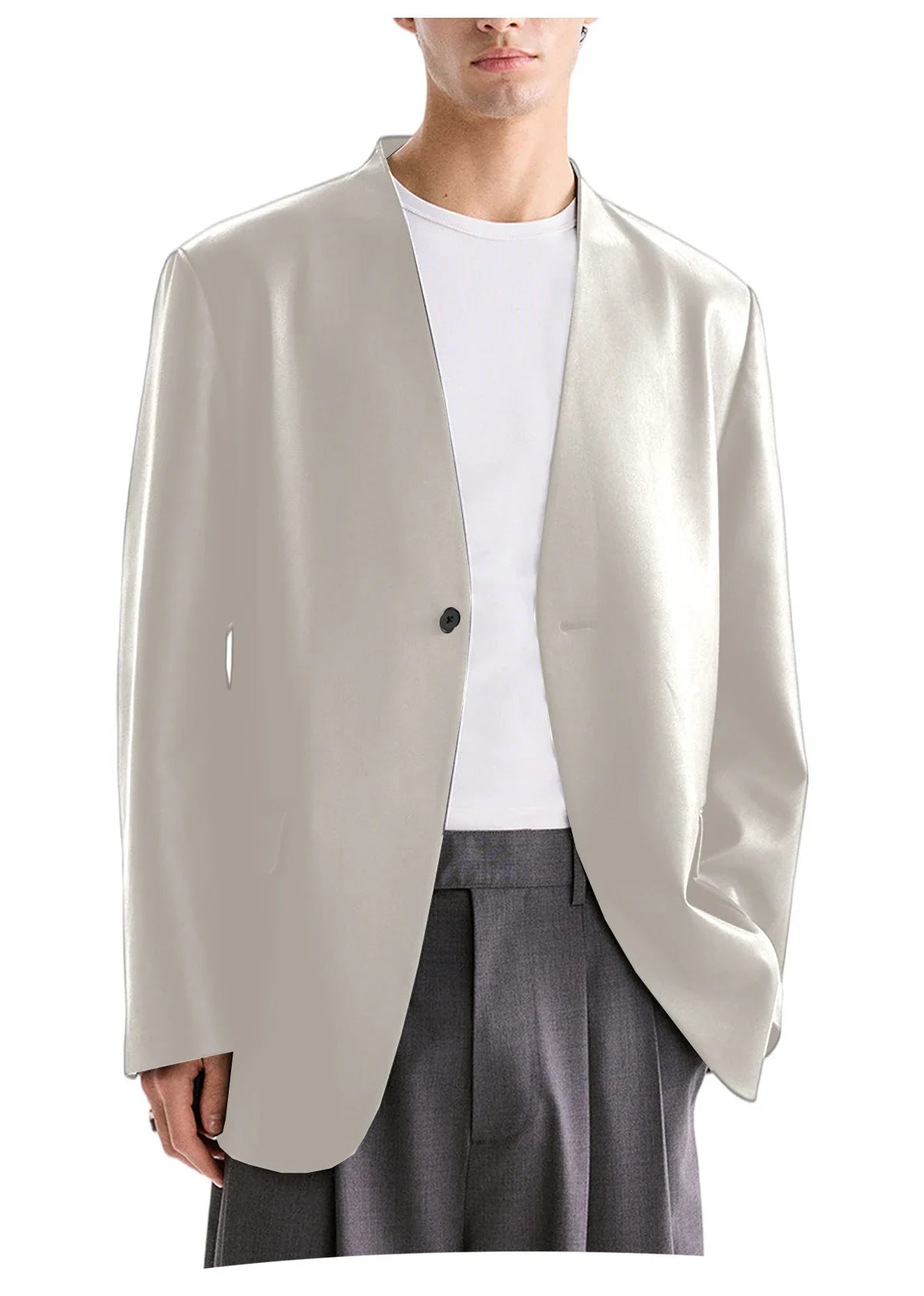 Luxury Men's PU Leather Blazer Collarless Jacket Loose 1 Button Elegant Solid Color Coat for Party Wedding Office Daily Wear