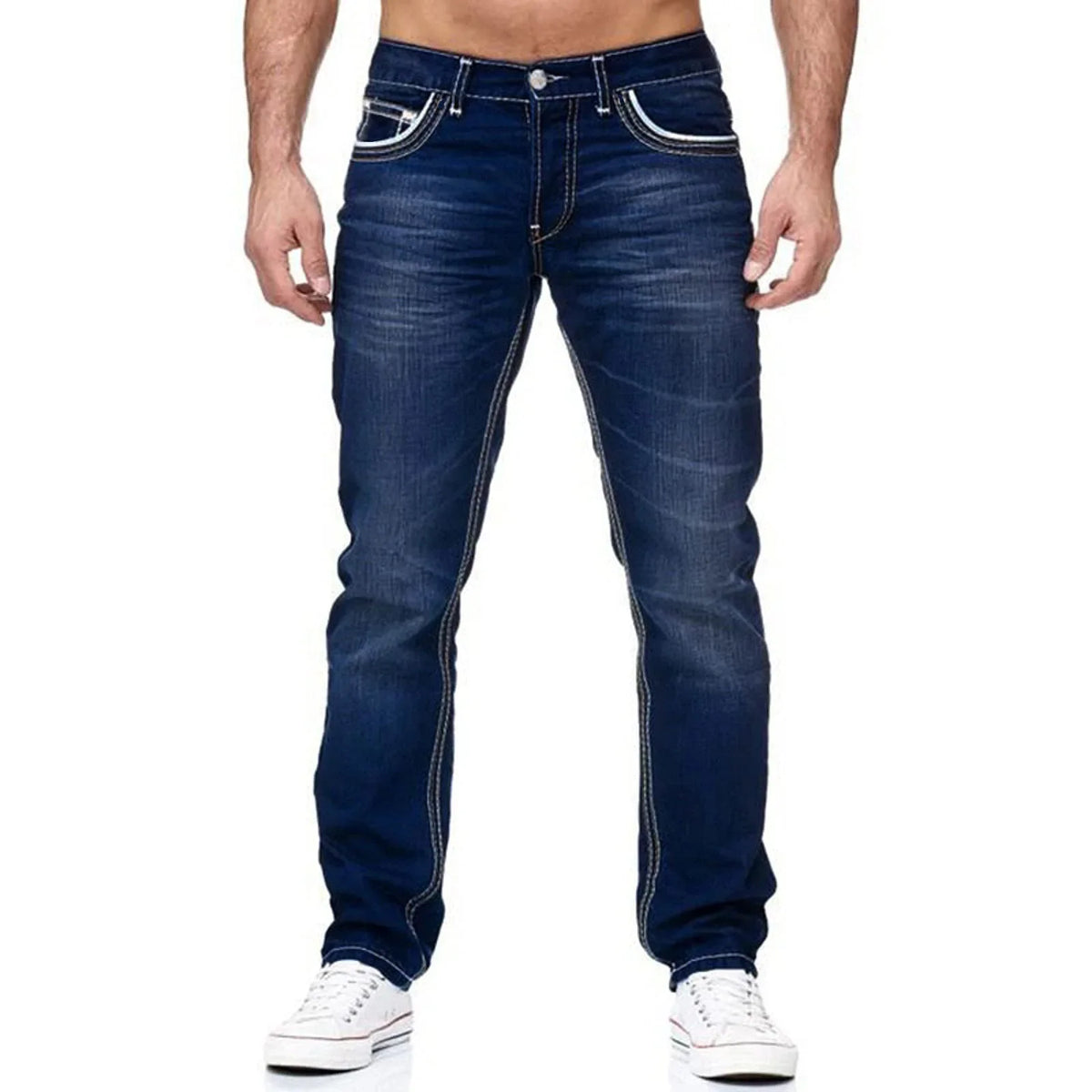 Vintage Men Jean Denim Pants Washed Pockets Mid Waist Zipper Fly Loose Fit Punk Style Distressed Ankle Length Straight Jeans