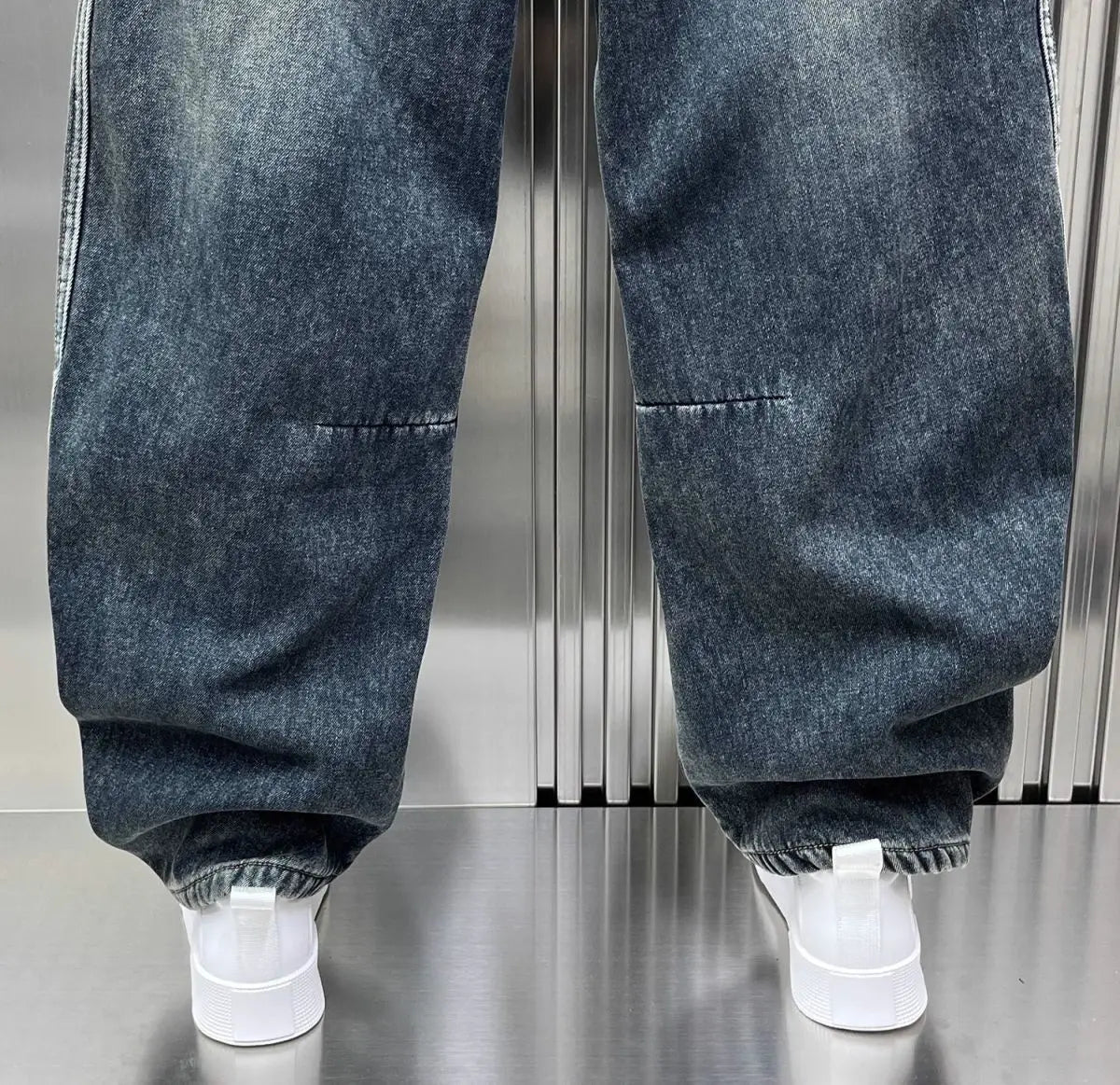 Spring Autumn 2025 New Splicing Cutting Elastic Waist Large Size Boys Washed Loose Wide Leg Big Pocket Scimitar Drawstring Jeans