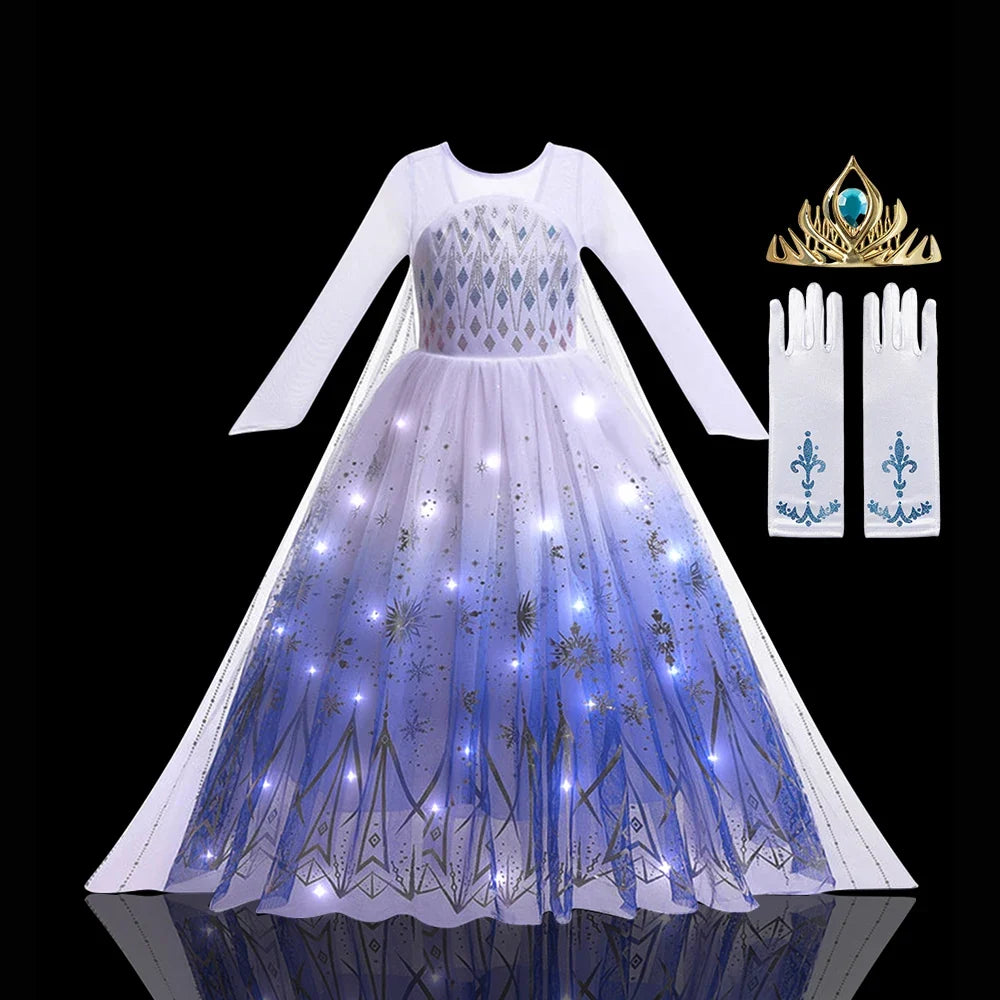 2PCS LED Light Up Snow Queen Costume for Kids Girl Elsa Birthday Party Luxury Princess Cosplay Children Carnival Clothing Outfit