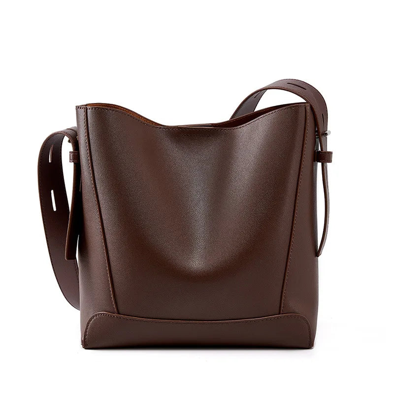Ladies' Split Leather Bucket Shoulder Bags Female Commute Shopping Messenger Bags Adjustable Shoulder Strap Women Casual Handbag