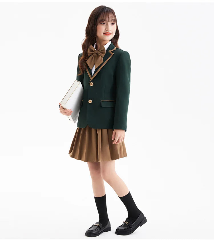Children British Green School Uniform Girls Korean Jacket Pleated Skirts Boys Blazers Pants Suits Kids Teens Student Clothes Set