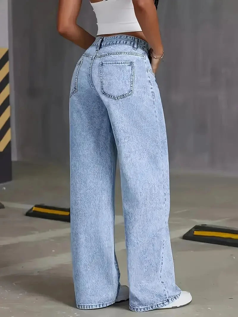 Plus Size Women's Wide Leg Jeans Washed Elastic Casual Loose Fit Ladies Denim Pants Comfortable Stretchy Trousers