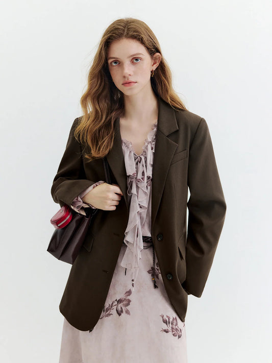 Retro-style Commuter Color-blocked Turn-up Cuff Blazer for Women 2026 Autumn New Style Single-breasted Coat Solid