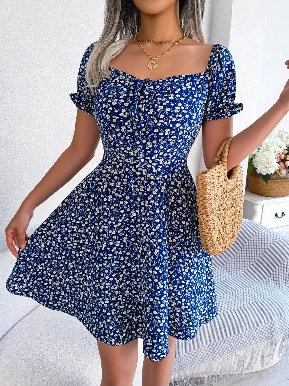 Women Casual Square Neck Flare Short Sleeve Floral Dress Elegant A Line Dress for Spring Summer 2026 Fashion Woman Clothing