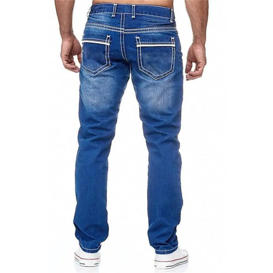Vintage Men Jean Denim Pants Washed Pockets Mid Waist Zipper Fly Loose Fit Punk Style Distressed Ankle Length Straight Jeans