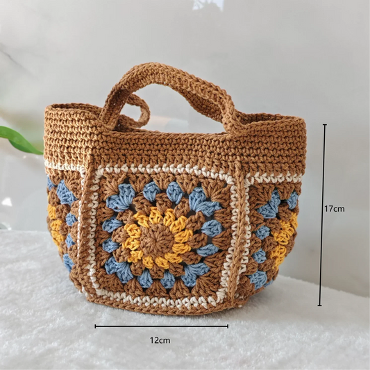 Boho Crochet Handbag for Women – Handmade Granny Square Tote Bag, Retro Knitted Shoulder Bag, Summer Casual Purse