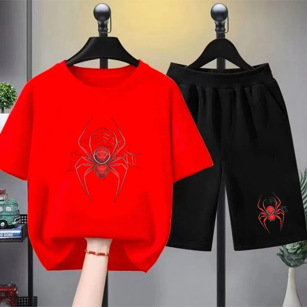 Red Spider Kids Summer T-shirt+Shorts Boy black Girl pink Round Neck Short-sleeved Toddler age 3-12 Casual loose Set print