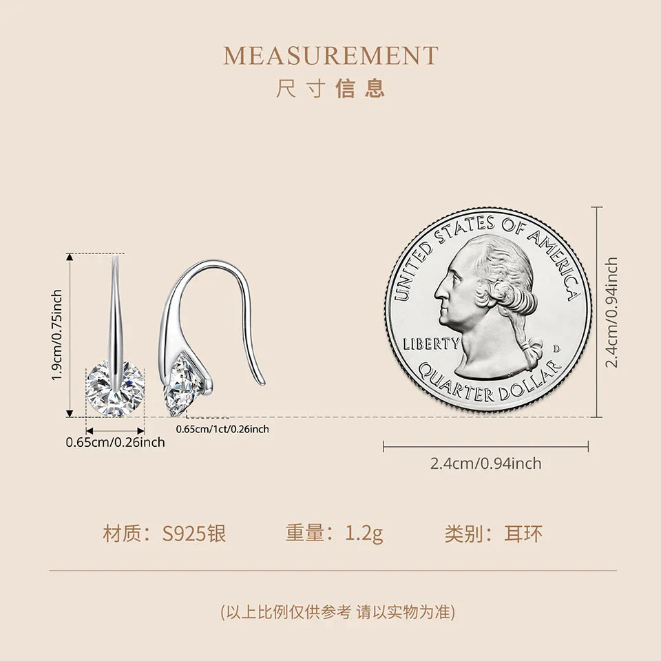 1CT Moissanite French Wire Hook Earrings Rotatable VVS1 Lab Diamond 925 Sterling Silver for Women Minimalist Jewelry Gift