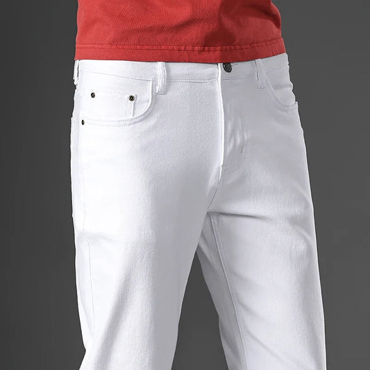 Cotton White Jeans Men's Elastic Soft Comfortable Business Casual Trousers Fashion Korean Fit Straight Spring Autumn Denim Pants