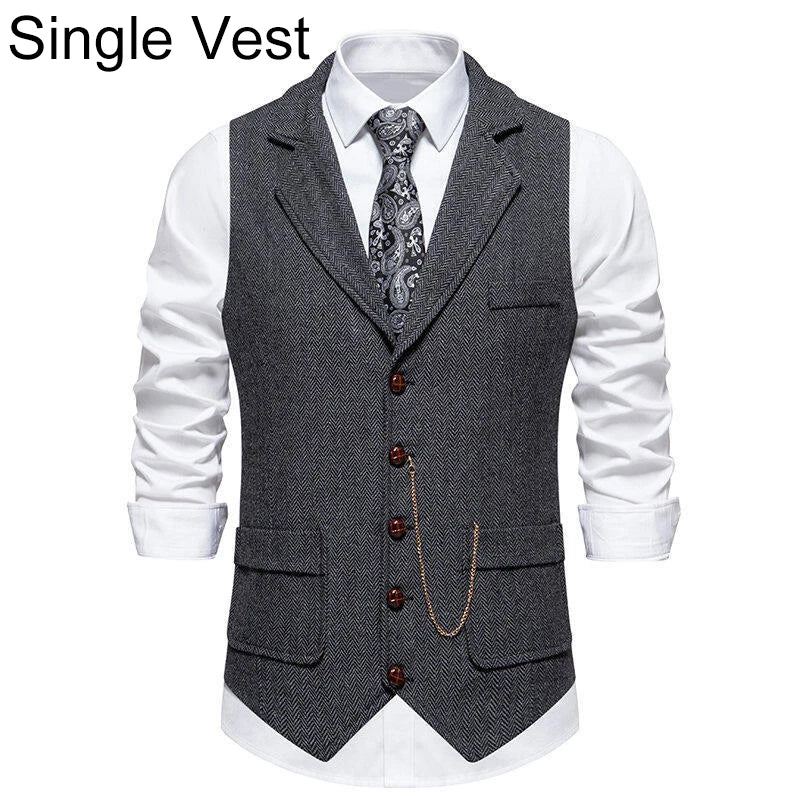 Man Suit Vest British Style Turn Down Collar Male Waistcoat Vintage Single-breasted Business Casual Men Coat Vest