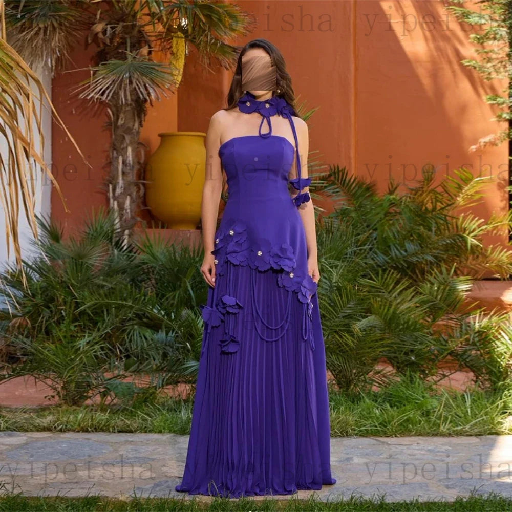 Customized Strapless Evening Dresses Modern Backless Flowers Appliques Draped A-Line Prom Gown rhinestone Beading Party Dress