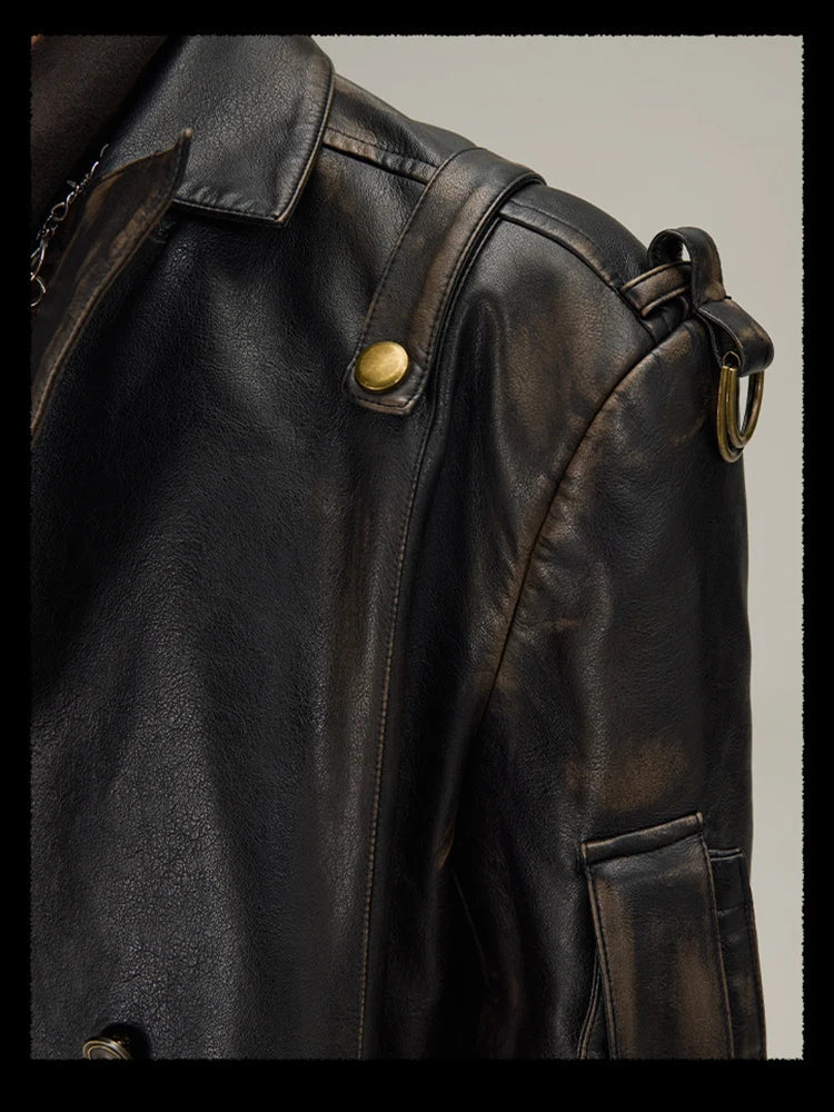 Spring Autumn Long Distressed Black Pu Leather Trench Coat Men Belt Double Breasted Luxury European Fashion 2023