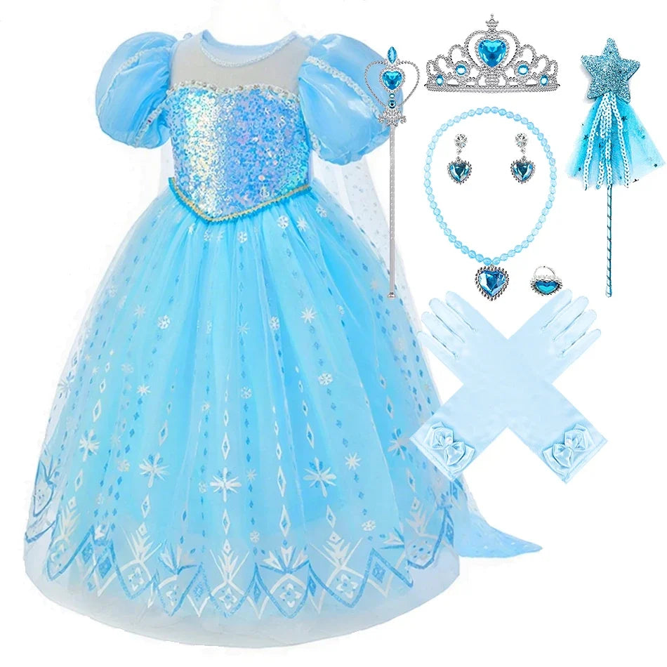 Children Carnival Blue Sequins Elsa Cosplay Dress Girls Elegant Blue Princess Costume Kids Halloween Birthday Party Clothes